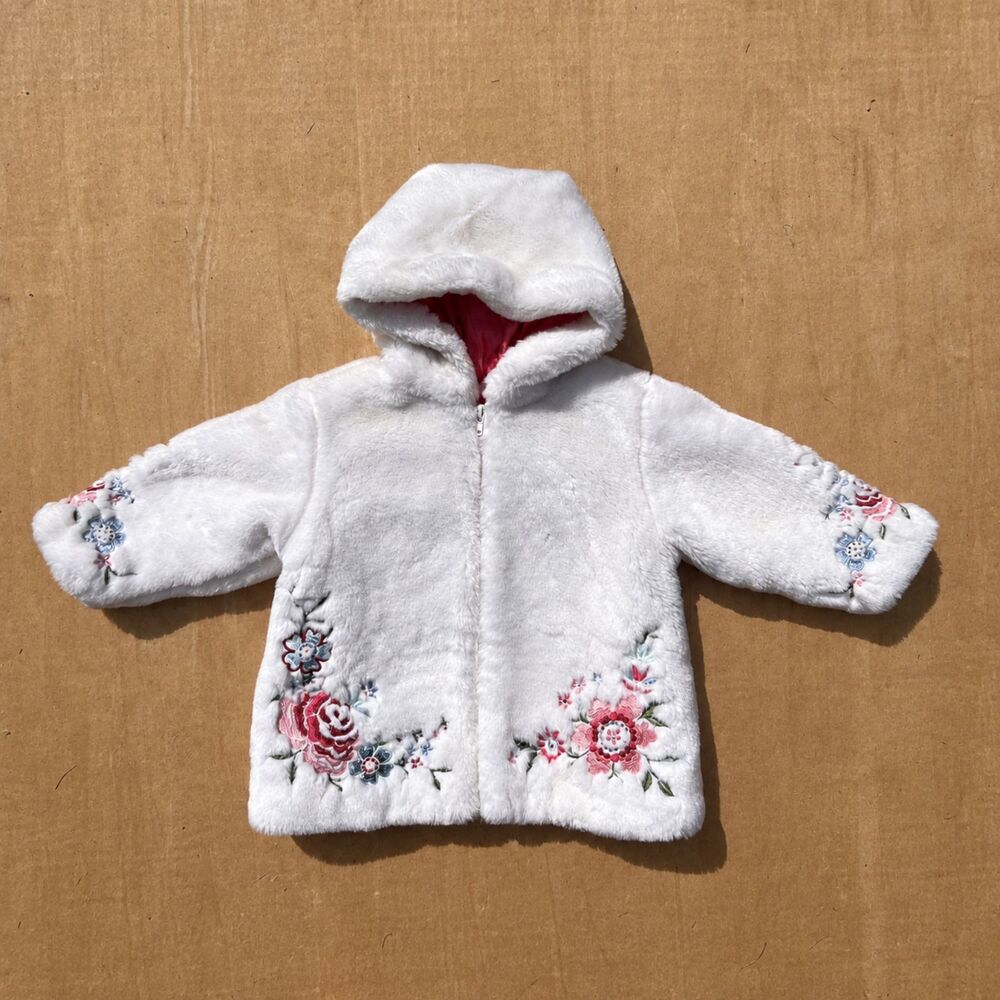 Baby Gap Girls Faux Fur Floral Embroidered Hooded Jacket